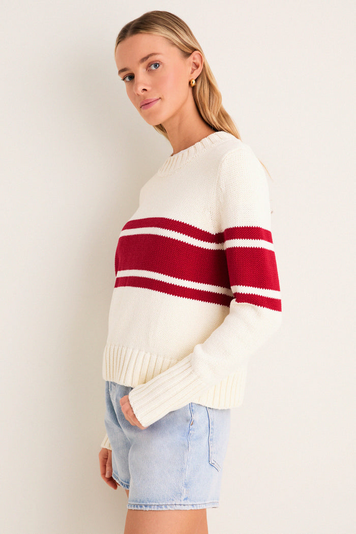 Ivory and Red Stripe Cotton William Crewneck