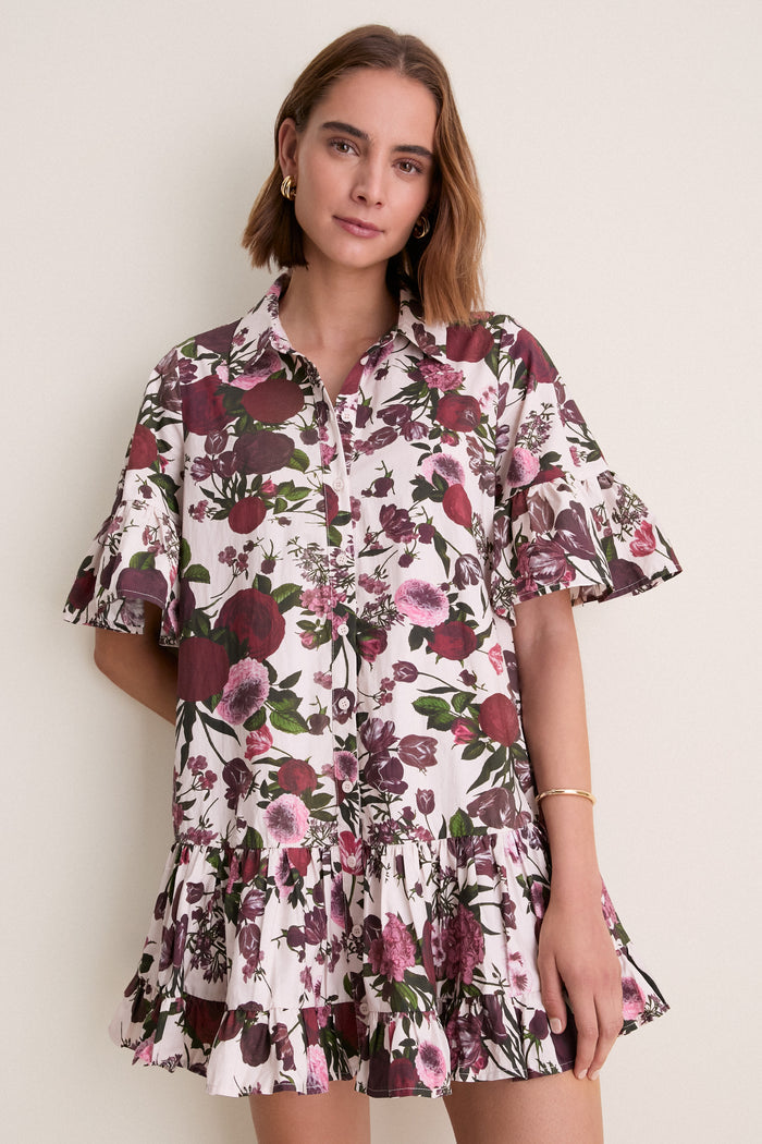 Ivory Burgundy Pink Miranda Mini Shirt Dress