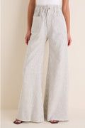 Juniper Stripe Linen Tulip Wide Leg Pant with classic wide-leg silhouette and effortless, high-end design featuring a paper-bag waist and patch pockets, perfect for fun, warm-weather outings.