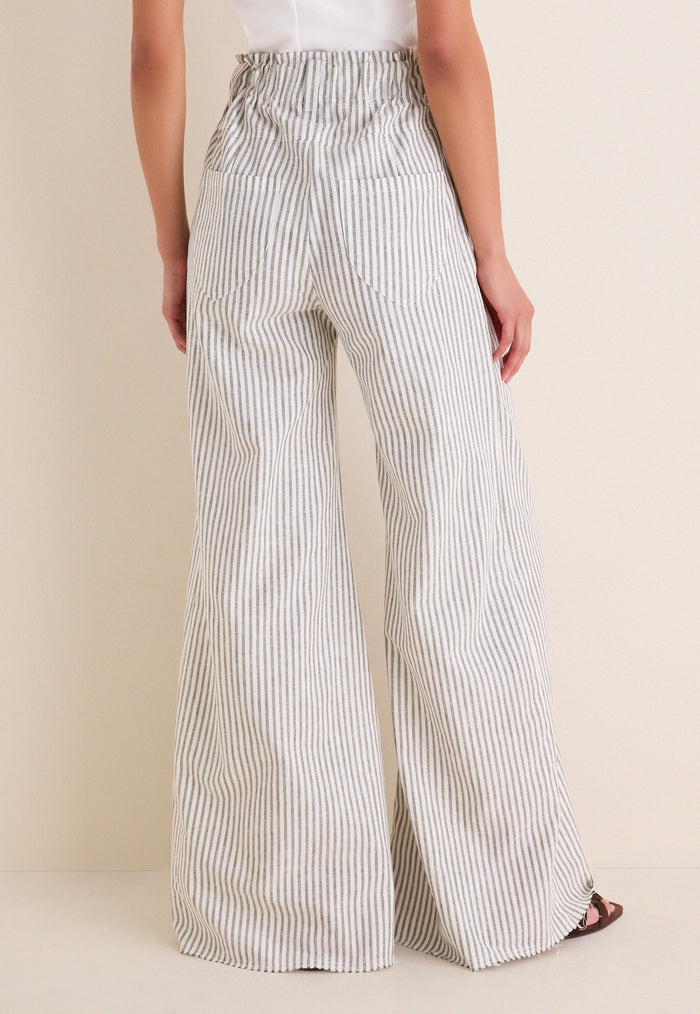 Juniper Stripe Linen Tulip Wide Leg Pant showcasing classic, effortless style with a relaxed, high-end silhouette; features a cinched waist and flared legs for fun, warm-weather wear.