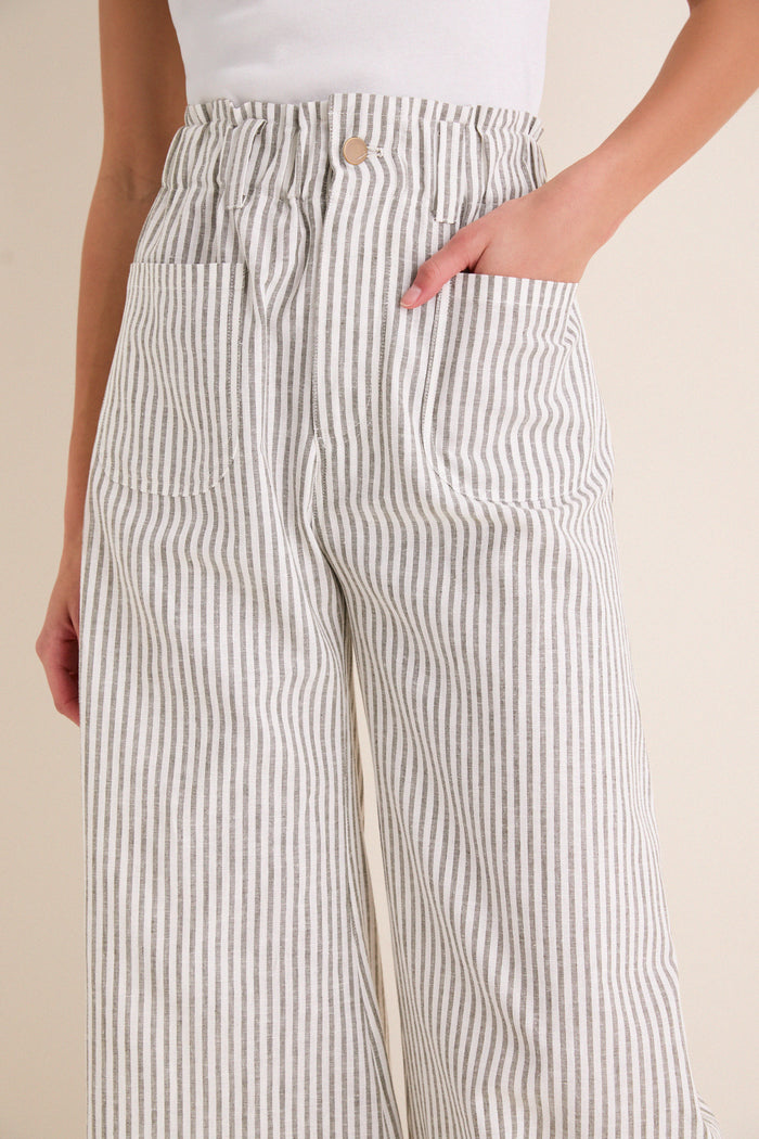 The Juniper Stripe Linen Tulip Wide Leg Pant offers a classic, effortless style with a fun, high-end vibe. Featuring a wide-leg design and front patch pockets.