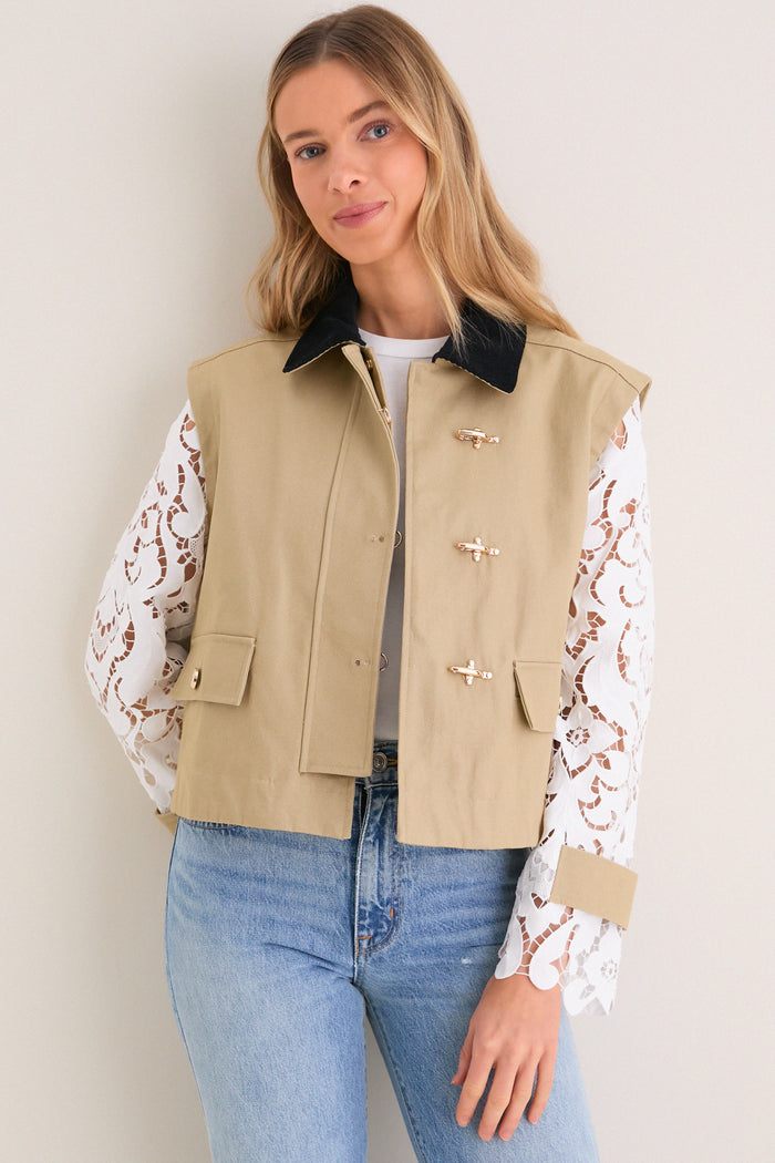 Khaki with Lace Sleeves Clarisse Jacket