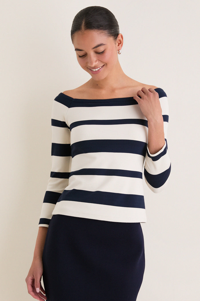 Liberty Stripe Knit Boyers Top: Classic, effortless design with three-quarter sleeves and variegated stripes, perfect for a high-end, fun, and versatile look.