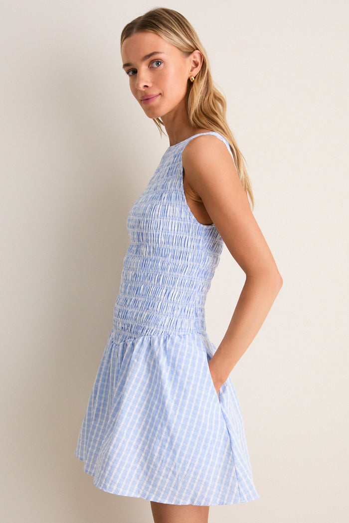 Light Blue and White Paloma Check Martina Mini Dress