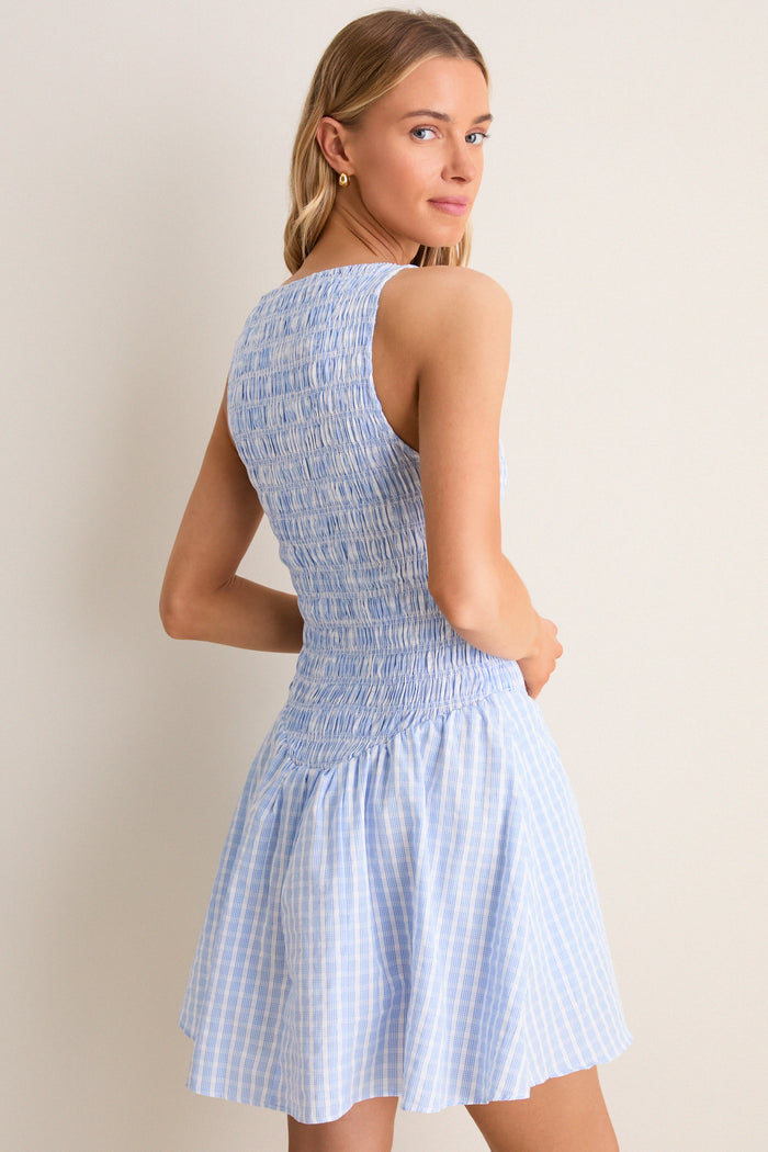 Light Blue and White Paloma Check Martina Mini Dress