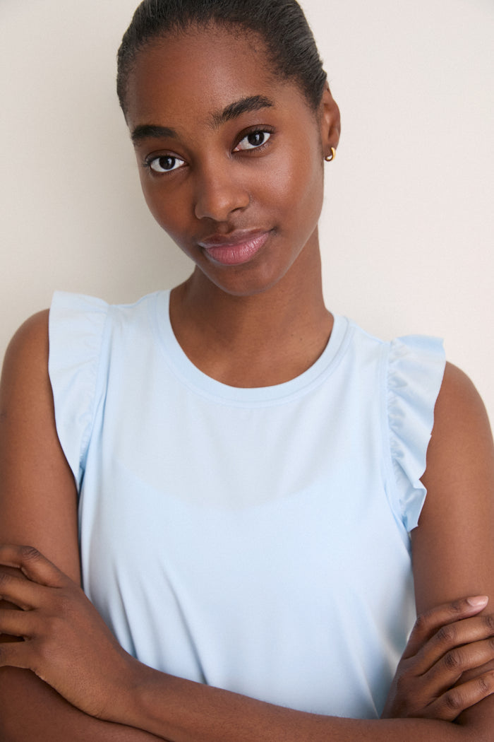 Light Blue Performance Jersey Ruffle Lea Tank