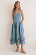 Light Blue V-Neck Eyelet Detail Midi Dress