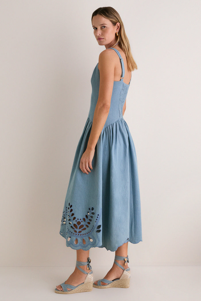 Light Blue V-Neck Eyelet Detail Midi Dress