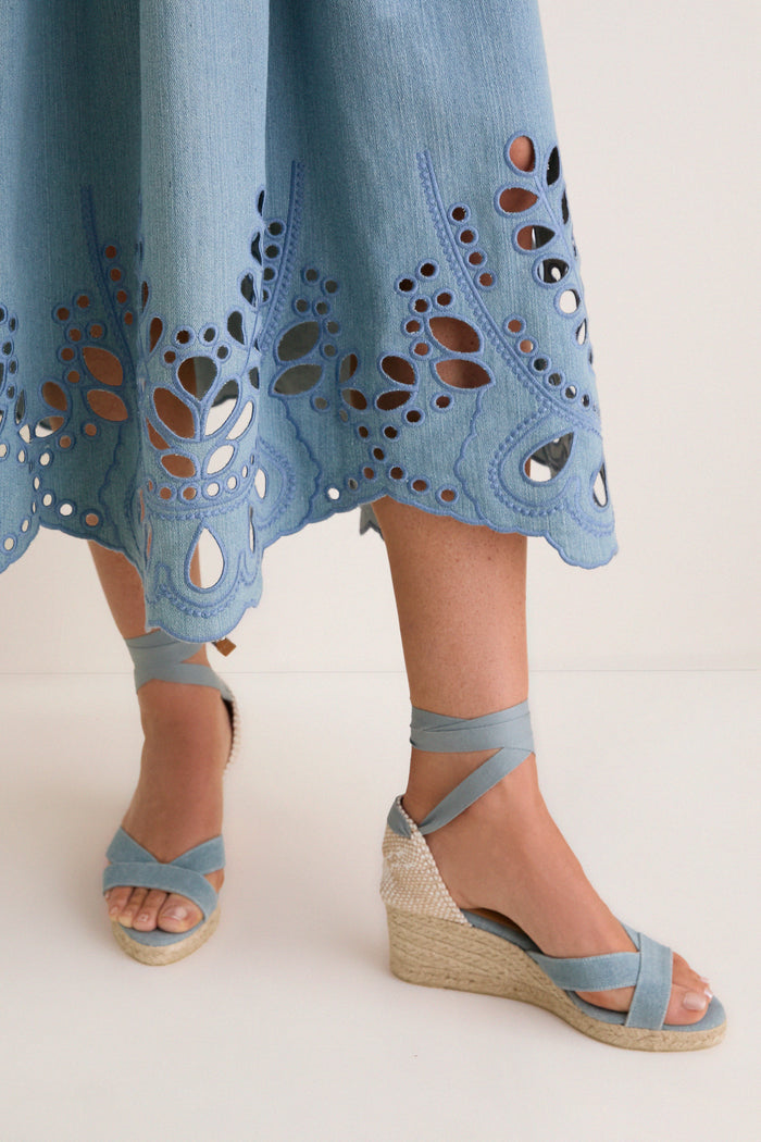 Light Blue V-Neck Eyelet Detail Midi Dress