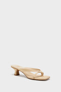 Light Natural Brevel Heels: A classic, effortless women’s heeled sandal with a thong strap and textured finish, offering a fun, high-end look with a flared block heel.
