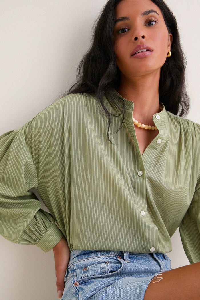 Light Olive Shadow Stripe Juliette Button Down