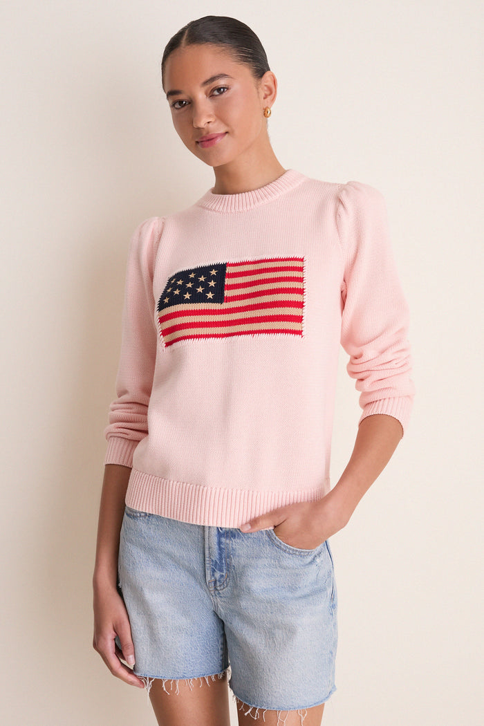 Light Pink Cropped Cotton Puff Sleeve Americana Sweater