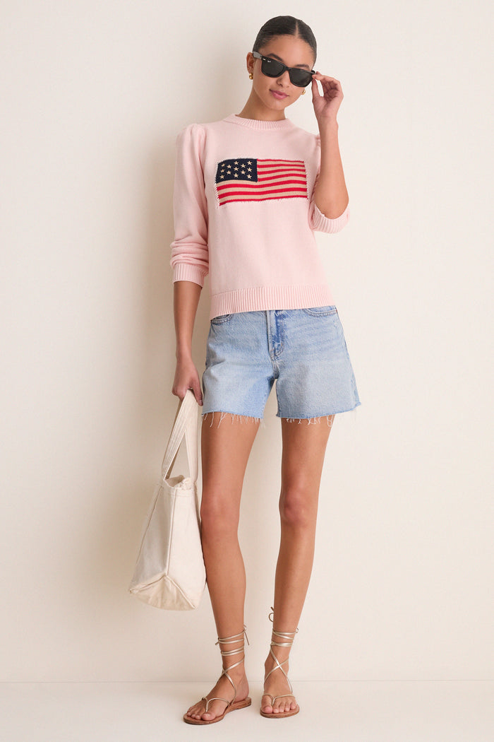 Light Pink Cropped Cotton Puff Sleeve Americana Sweater