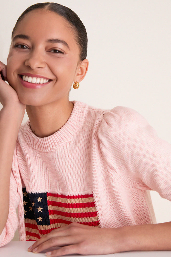 Light Pink Cropped Cotton Puff Sleeve Americana Sweater