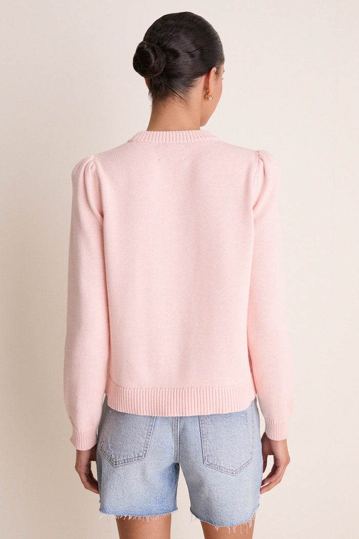 Light Pink Cropped Cotton Puff Sleeve Americana Sweater