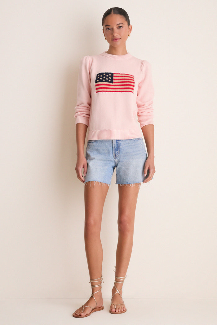 Light Pink Cropped Cotton Puff Sleeve Americana Sweater