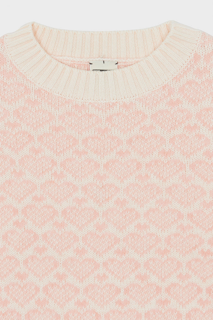 Light Pink Heart Sweater: A classic, high-end knit with an effortless jacquard heart motif, ribbed crew neck, perfect for adding fun to any winter wardrobe.