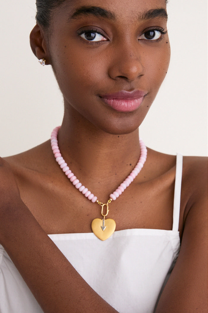 Light Pink Opal Gemstone Necklace with Simple Heart Charm