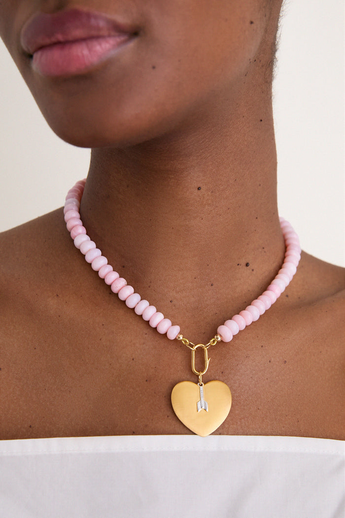 Light Pink Opal Gemstone Necklace with Simple Heart Charm