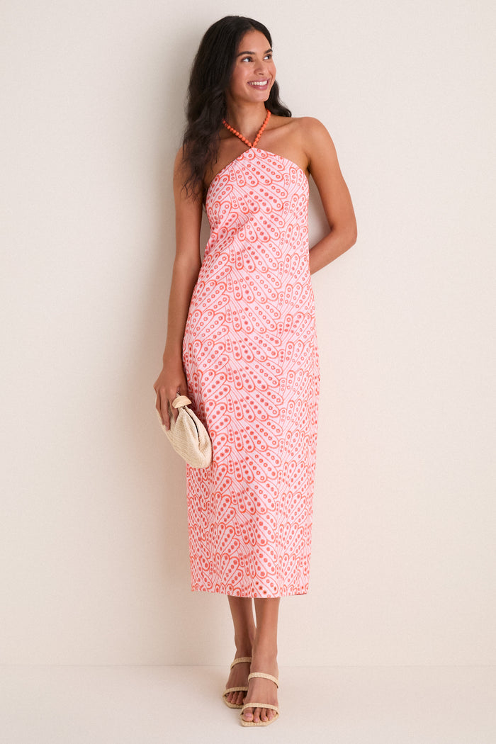 Light Pink & Orange Eyelet Hailey Halter Midi Dress