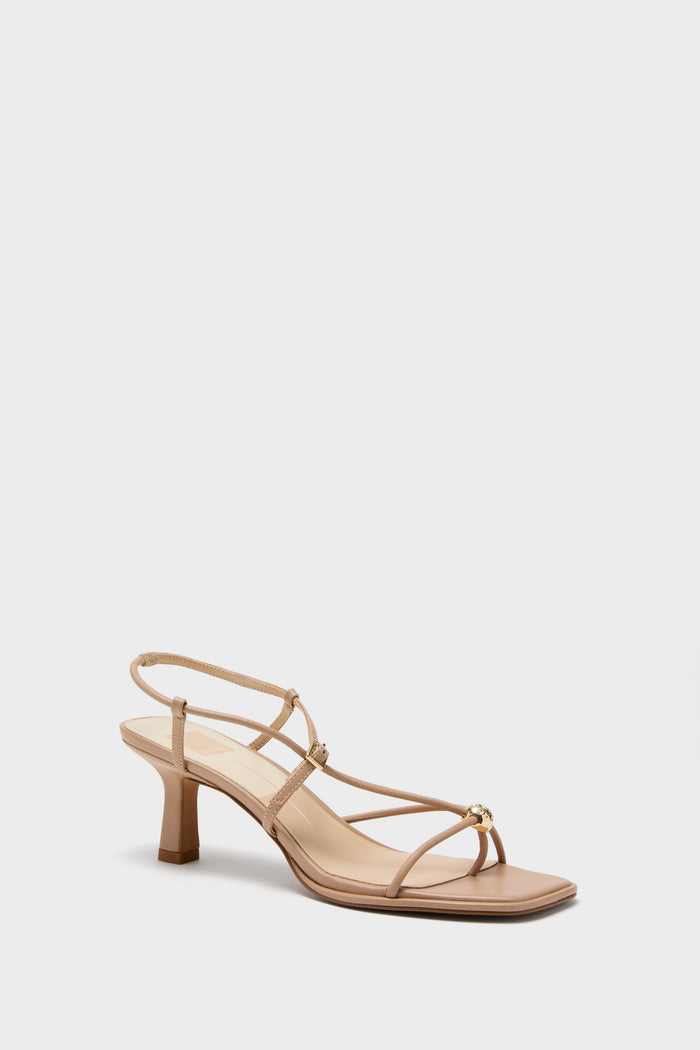 Light Tan Mylee Heels: Classic, effortless dress sandal with a flared block heel, crisscross straps, and gold-tone accents, exuding high-end, fun style.