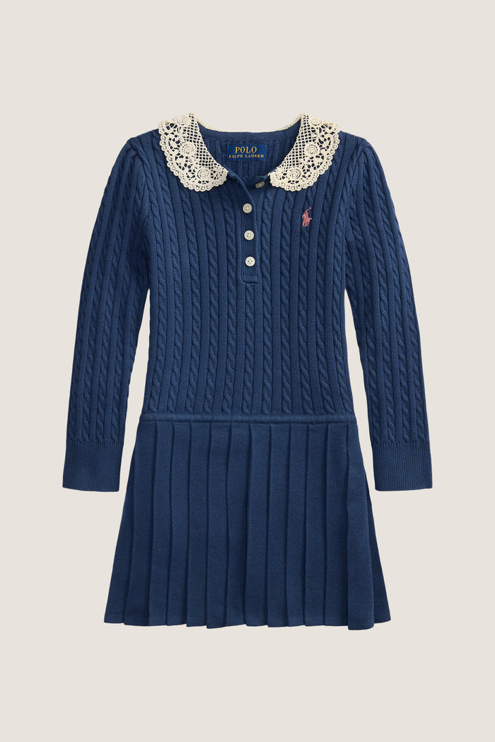 Little Girls Long-Sleeve Cotton Cable Knit Collared Dress