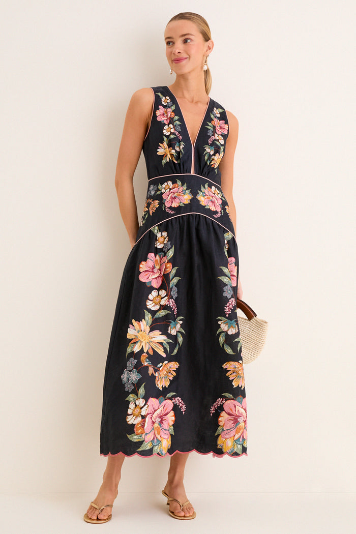 Maira Floral Dark Blue Midi Dress