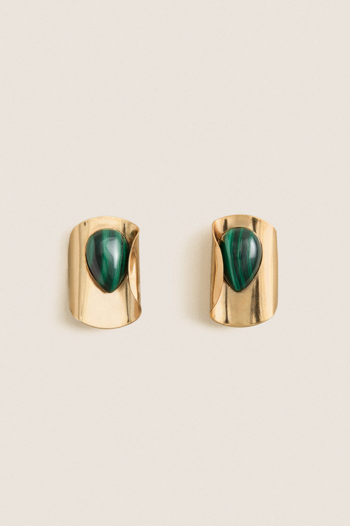 Malachite Keziah Earrings feature classic teardrop malachite stones on gold-plated clips, offering an effortless, high-end touch to elevate any look.