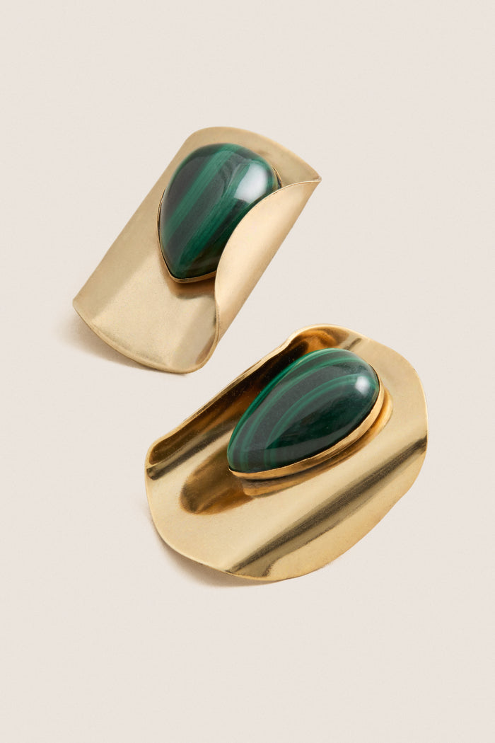 Malachite Keziah Earrings: Classic, sculptural gold-plated earrings with teardrop malachite, offering an effortless, fun, high-end statement piece for any occasion.