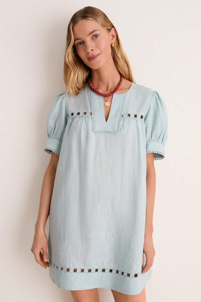Mediterranean Mist Eyelet Linen Bridget Mini Dress