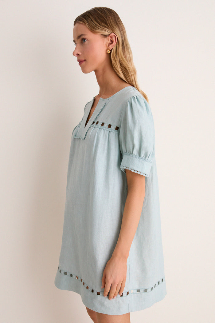 Mediterranean Mist Eyelet Linen Bridget Mini Dress