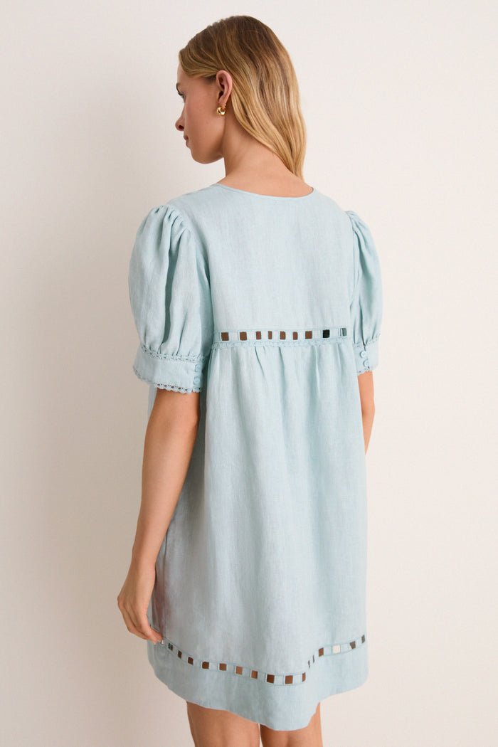 Mediterranean Mist Eyelet Linen Bridget Mini Dress