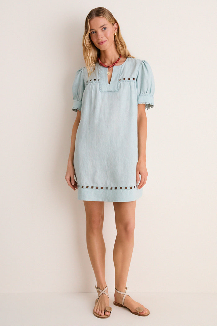 Mediterranean Mist Eyelet Linen Bridget Mini Dress