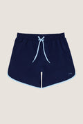 Navy Boardie: Classic navy shorts with light-blue trim and drawstring, featuring a wave logo, offering an effortless, fun, and high-end look for water activities.