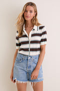 Mint Chocolate Stripe Reid Polo Cardigan: Classic, effortless knit with short sleeves and button-front, featuring bold stripes for a fun, high-end vintage look.