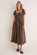 Mocha Multi Sweetheart Neck Puff Sleeve Midi Dress