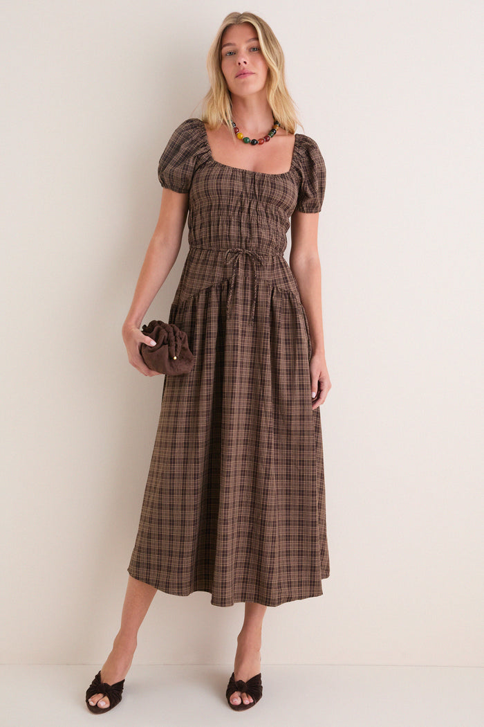 Mocha Multi Sweetheart Neck Puff Sleeve Midi Dress