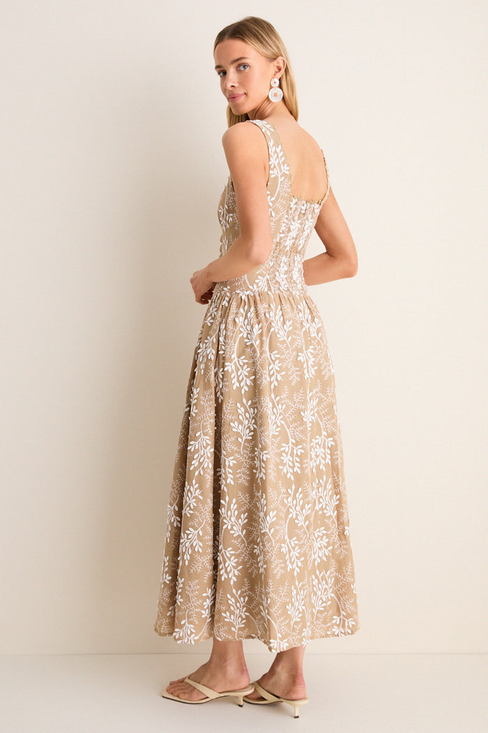 Mocha Square Neck Trim Corset Detail Midi Dress