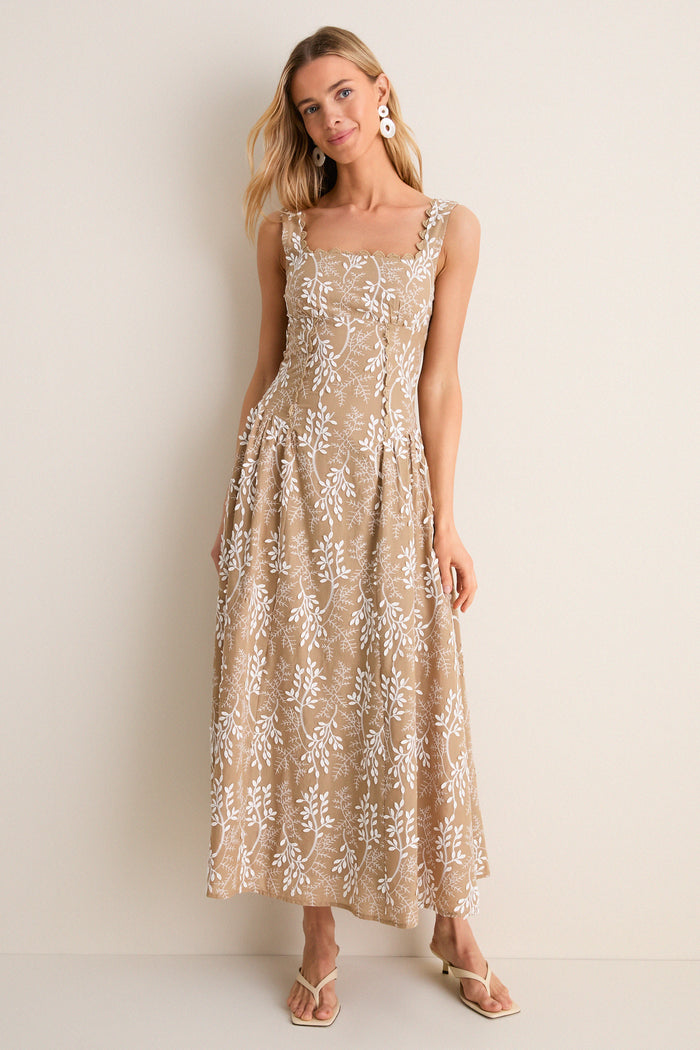 Mocha Square Neck Trim Corset Detail Midi Dress