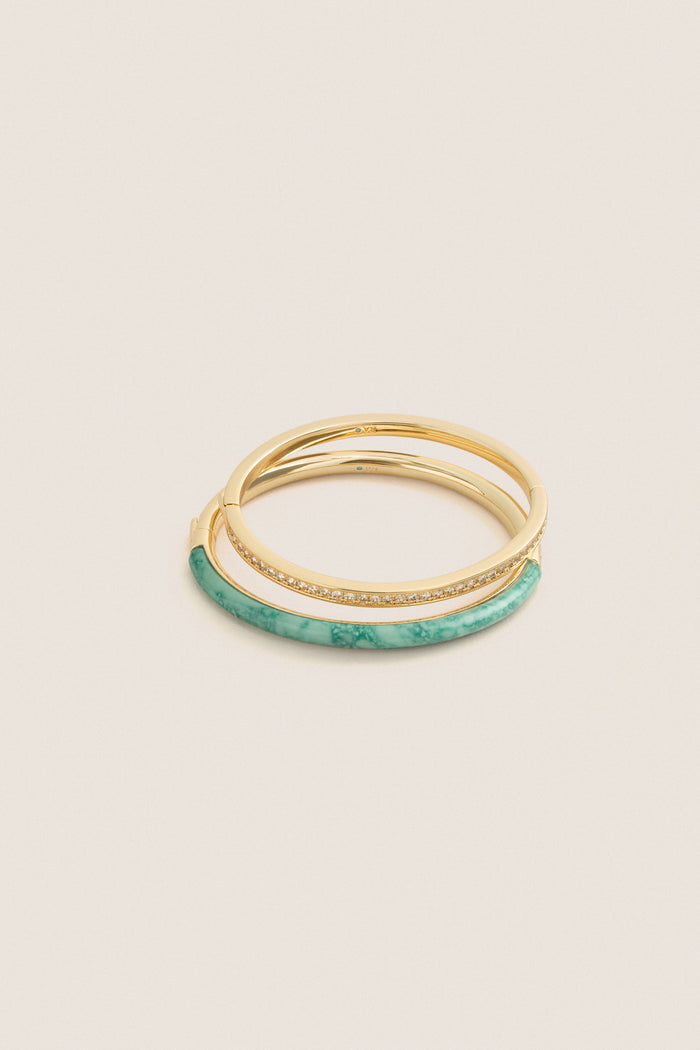 Moss Agate and Clear Semi Stone Cuff Set