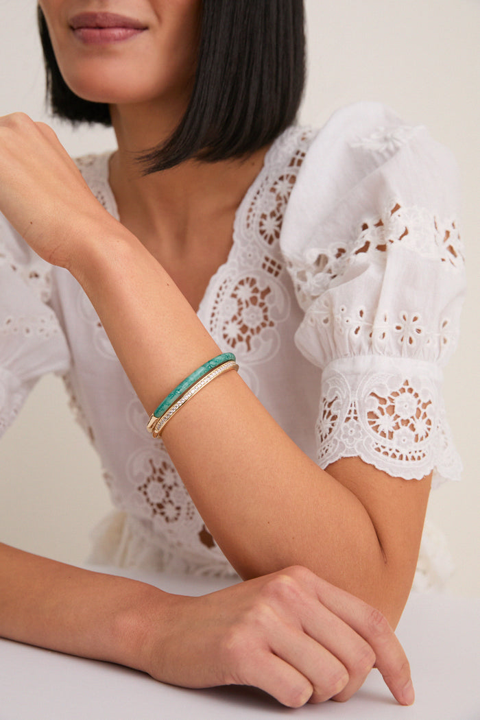 Moss Agate and Clear Semi Stone Cuff Set