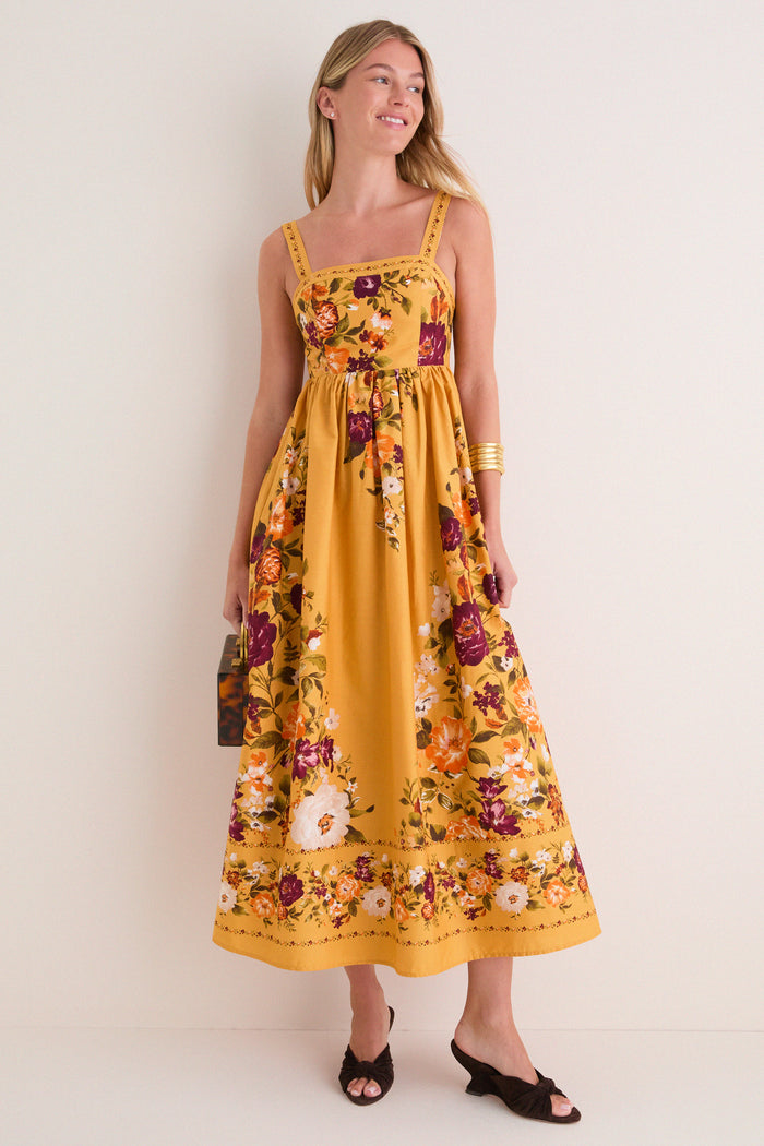 Mustard Multi Square Neck Sleeveless Midi Dress