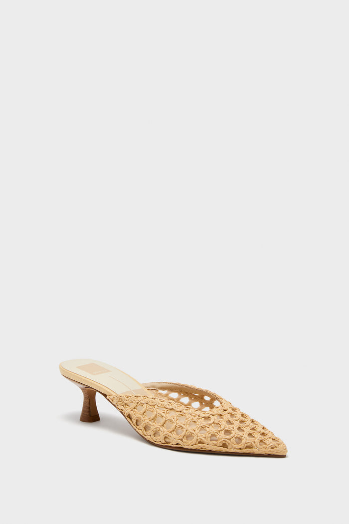 Natural Cleo Loop Heels: A classic, effortless slip-on mule with a pointed toe, woven raffia-style upper, and low kitten heel, embodying high-end, fun style.