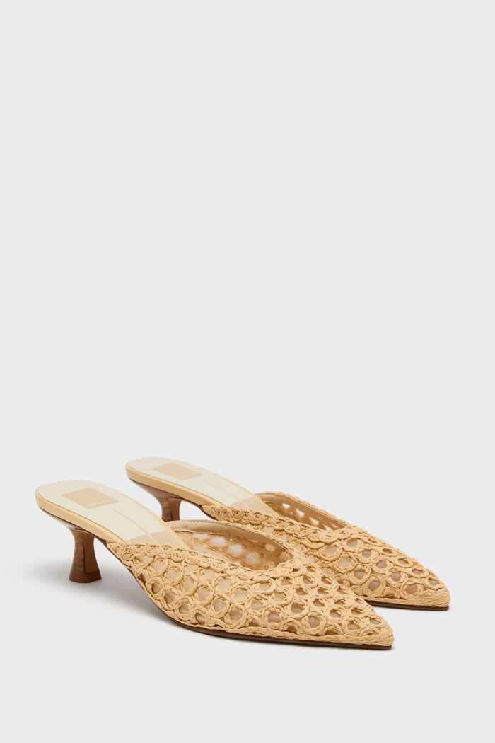 Natural Cleo Loop Heels: Classic slip-on mules with a low kitten heel and pointed toe, featuring an effortless woven design for a fun, high-end look.