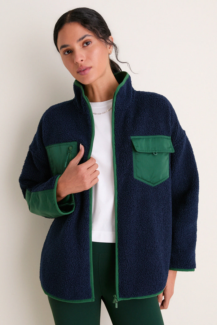 Navy and Green Fleece Lawrence Full Length Zip Up