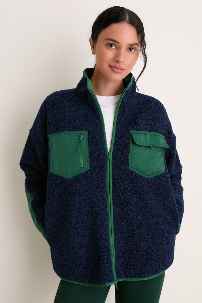 Navy and Green Fleece Lawrence Full Length Zip Up
