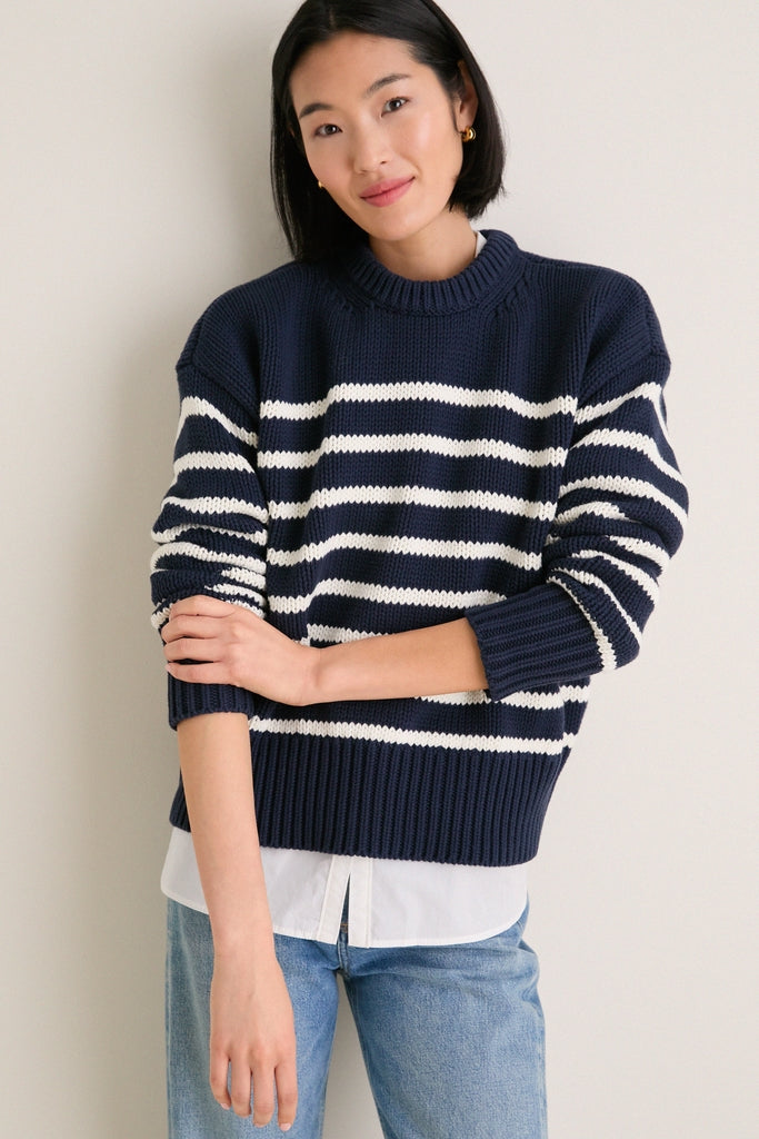 Navy and Ivory Stripe Cotton Cliff Crewneck