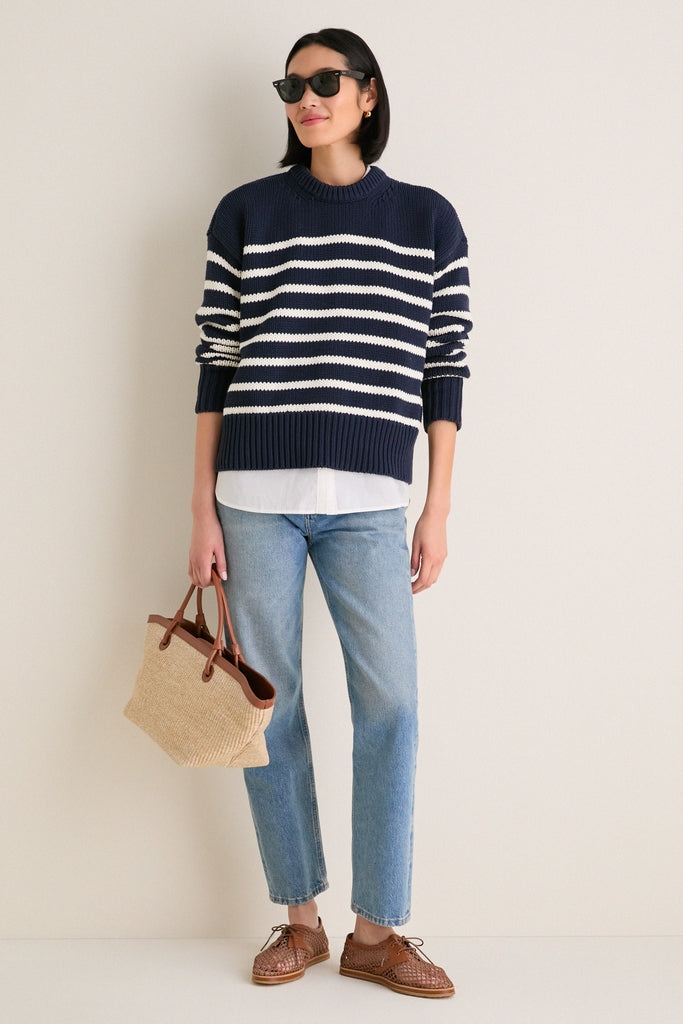 Navy and Ivory Stripe Cotton Cliff Crewneck