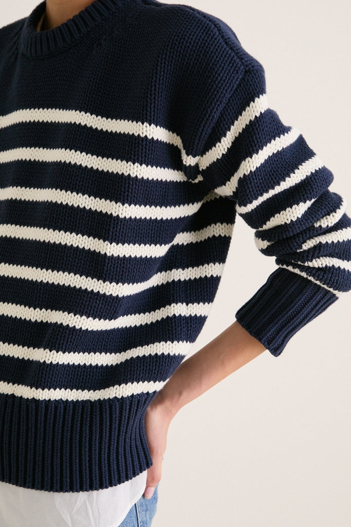 Navy and Ivory Stripe Cotton Cliff Crewneck
