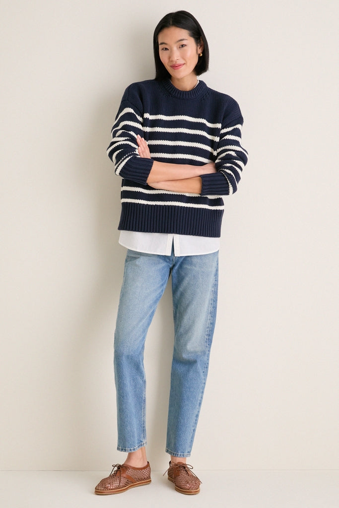 Navy and Ivory Stripe Cotton Cliff Crewneck